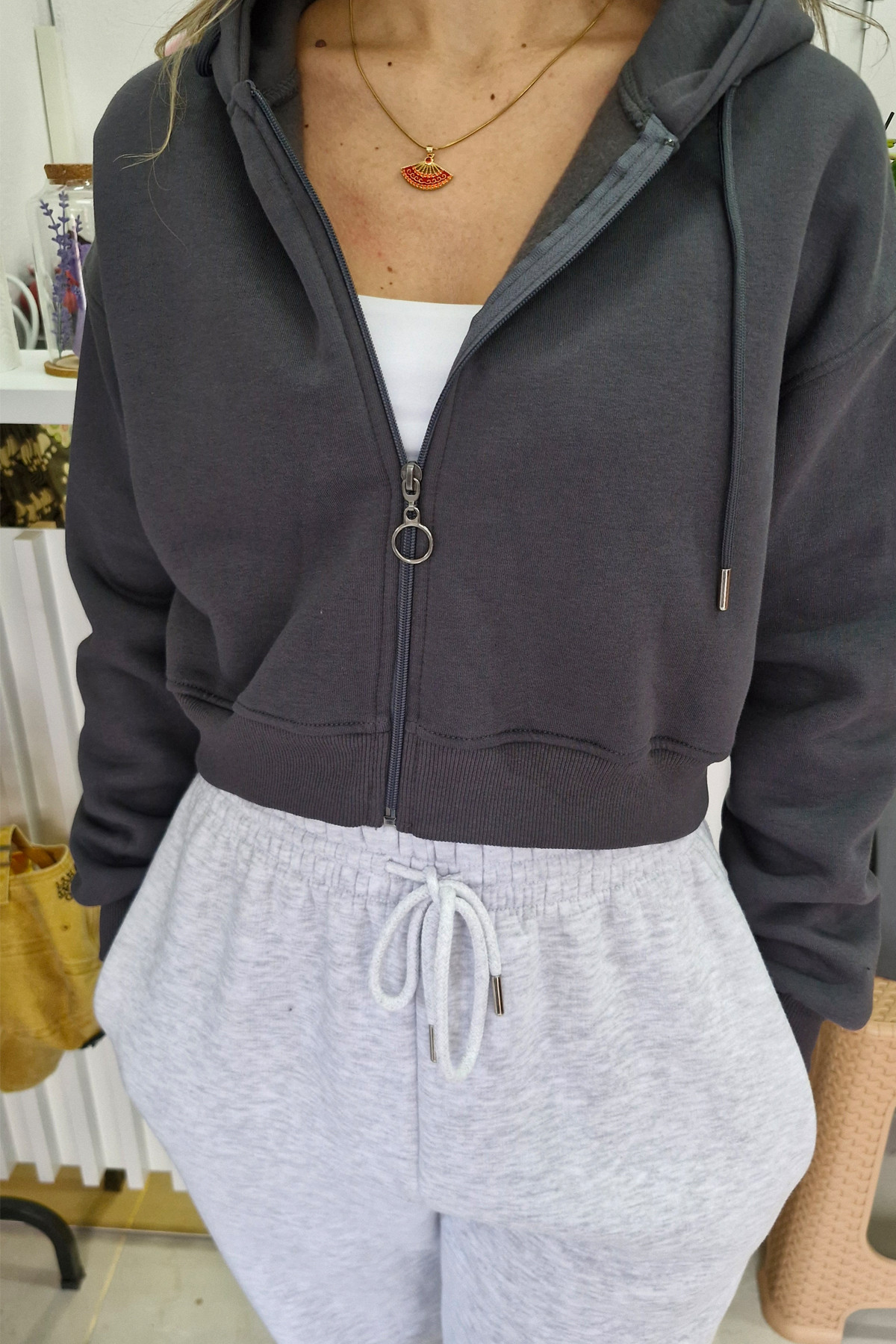 Crop Fermuarlı Hırka Antrasit Renk