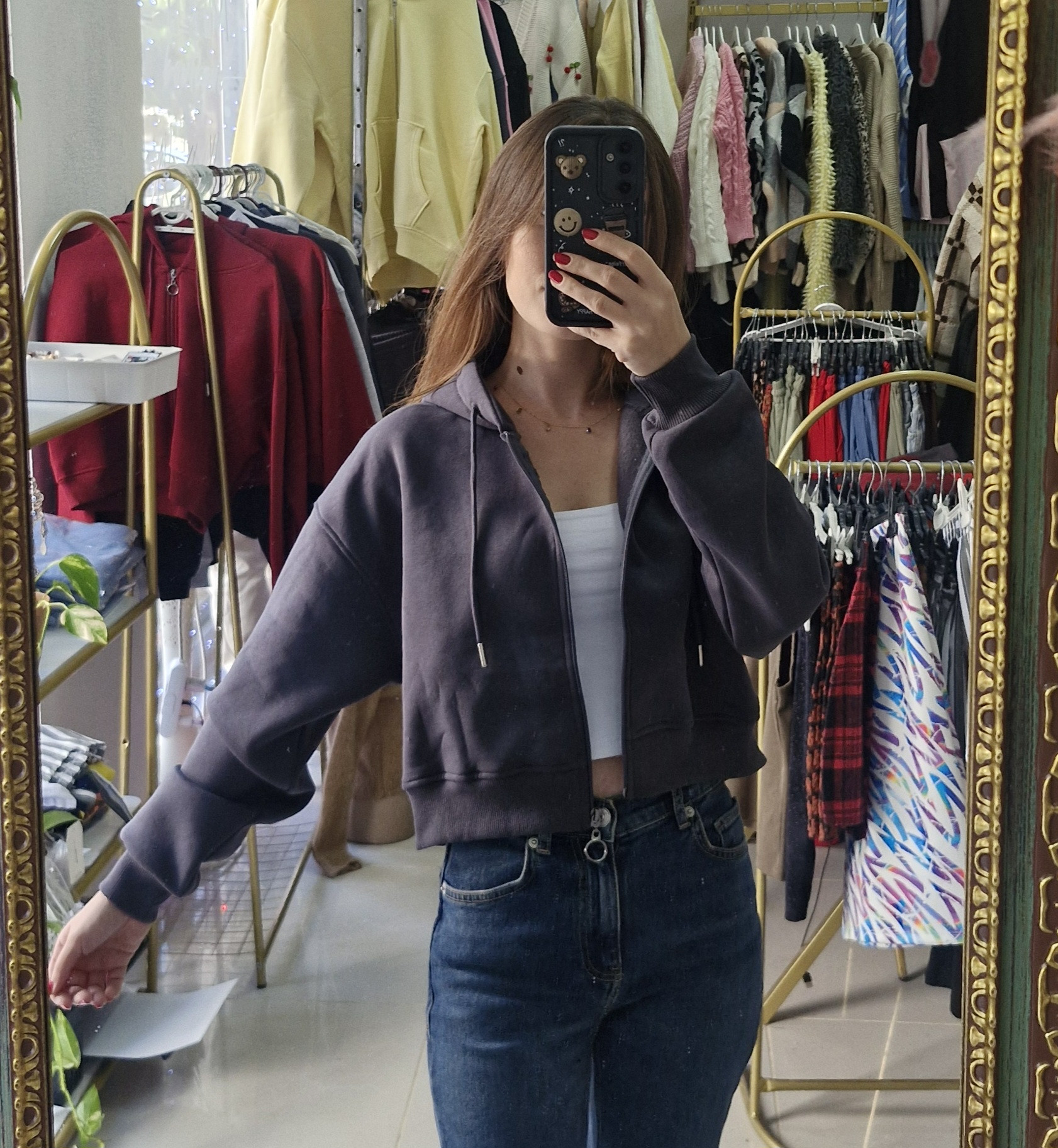 Crop Fermuarlı Hırka Antrasit Renk