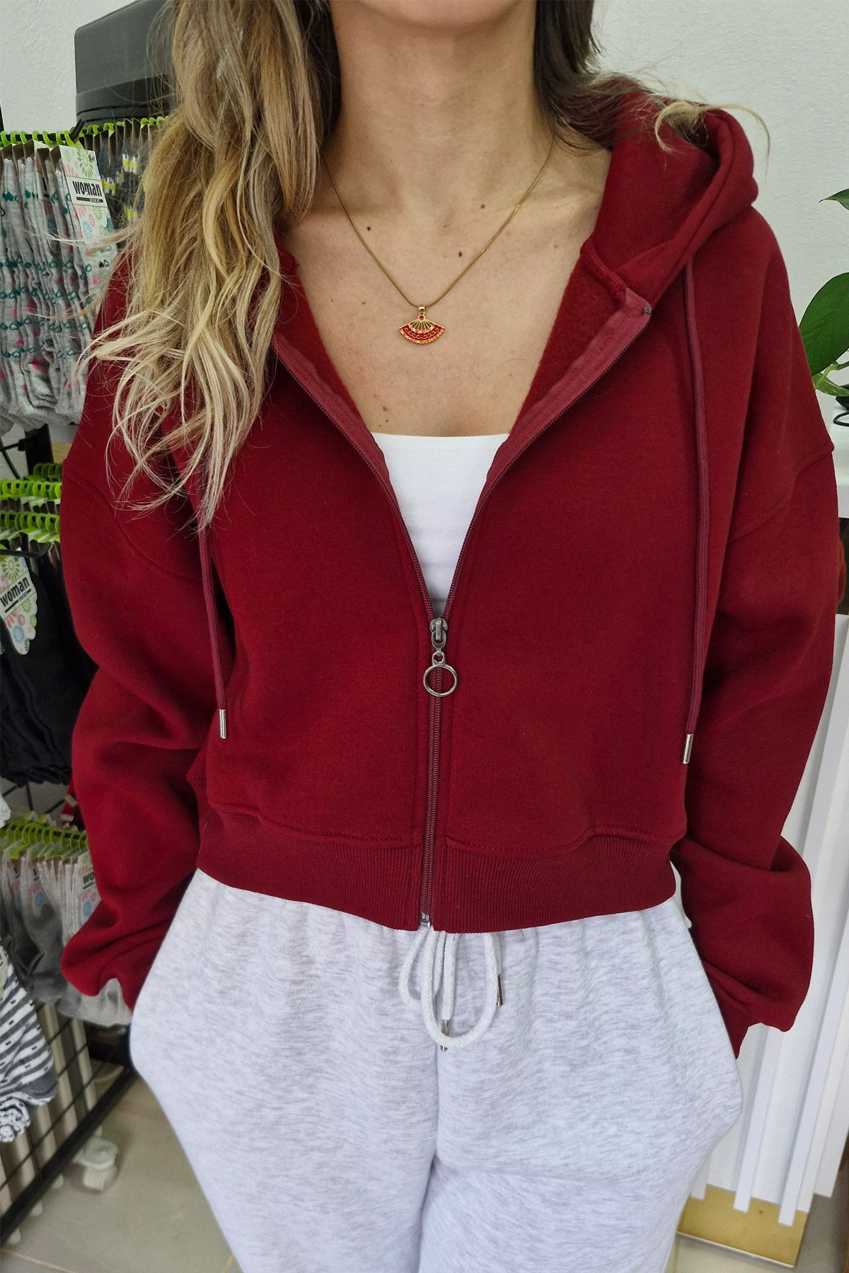 Crop Fermuarlı Hırka Bordo Renk