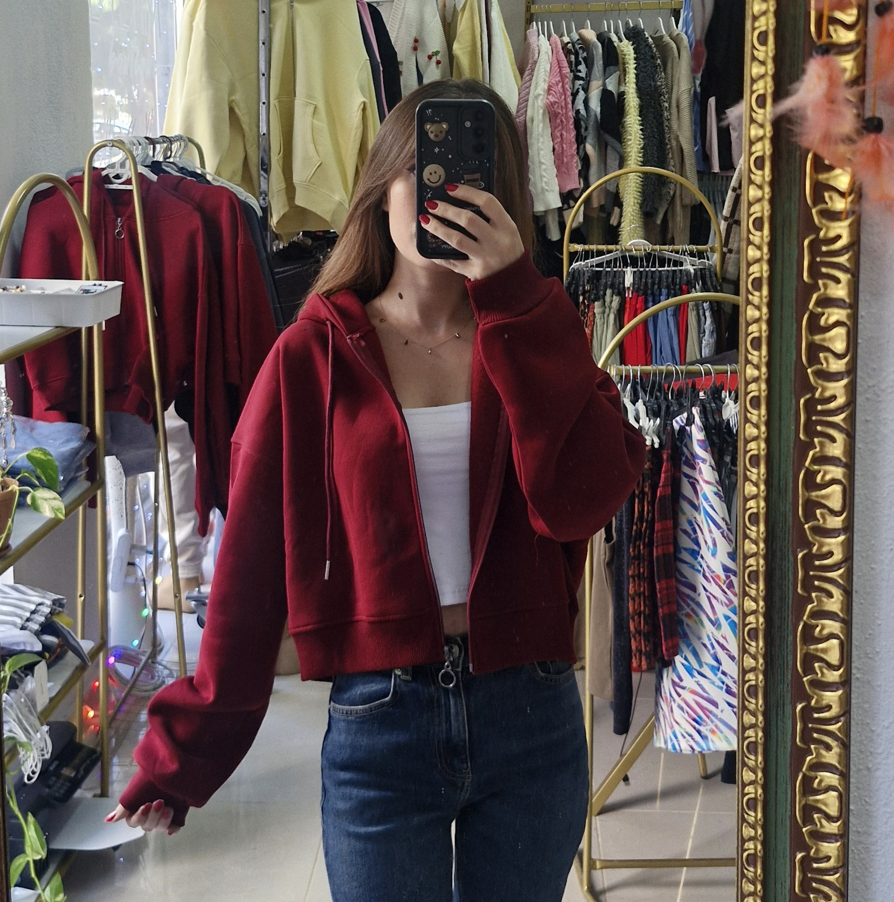 Crop Fermuarlı Hırka Bordo Renk