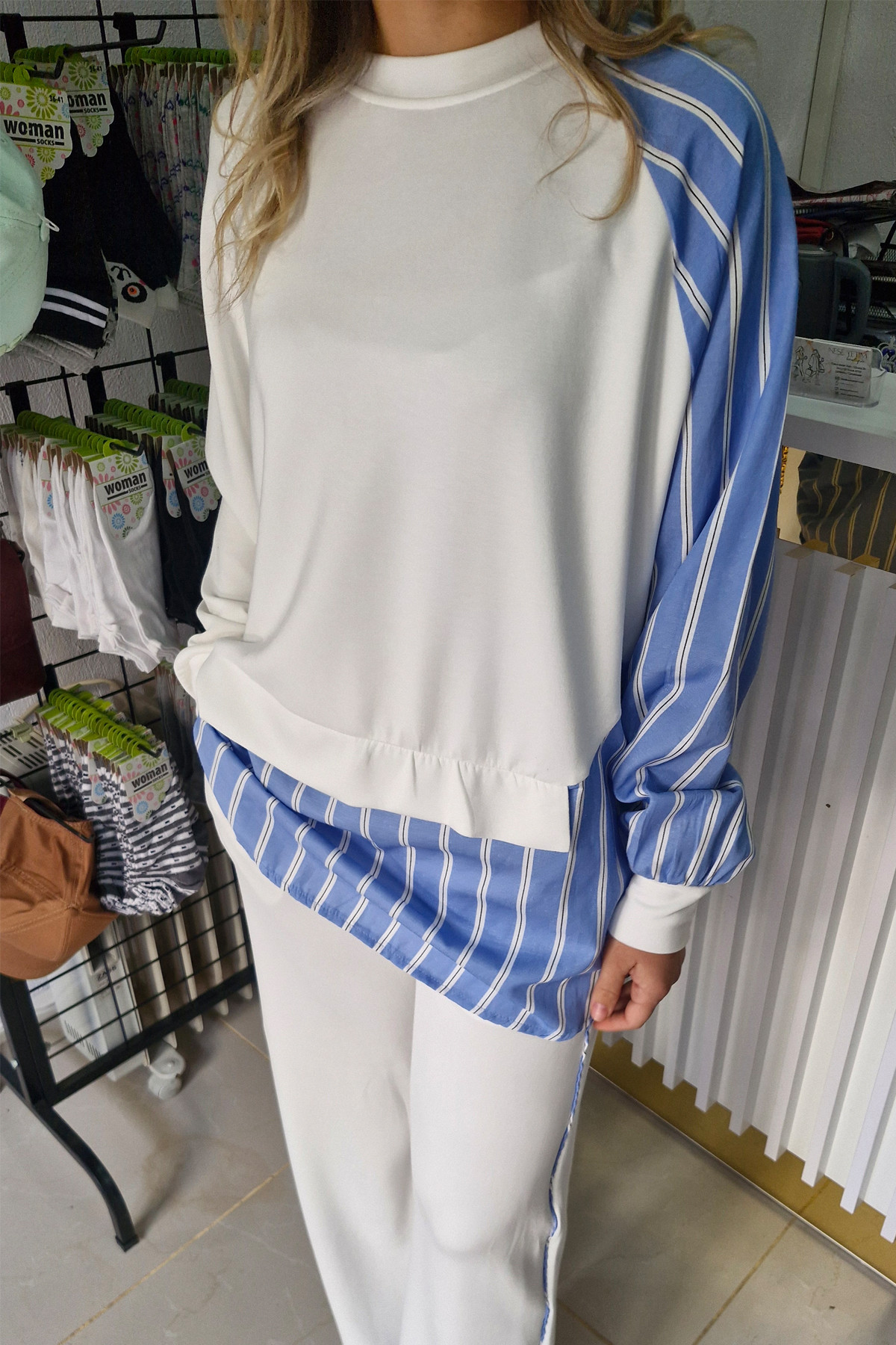 Ekru Poplin Detaylı Asimetrik Takım