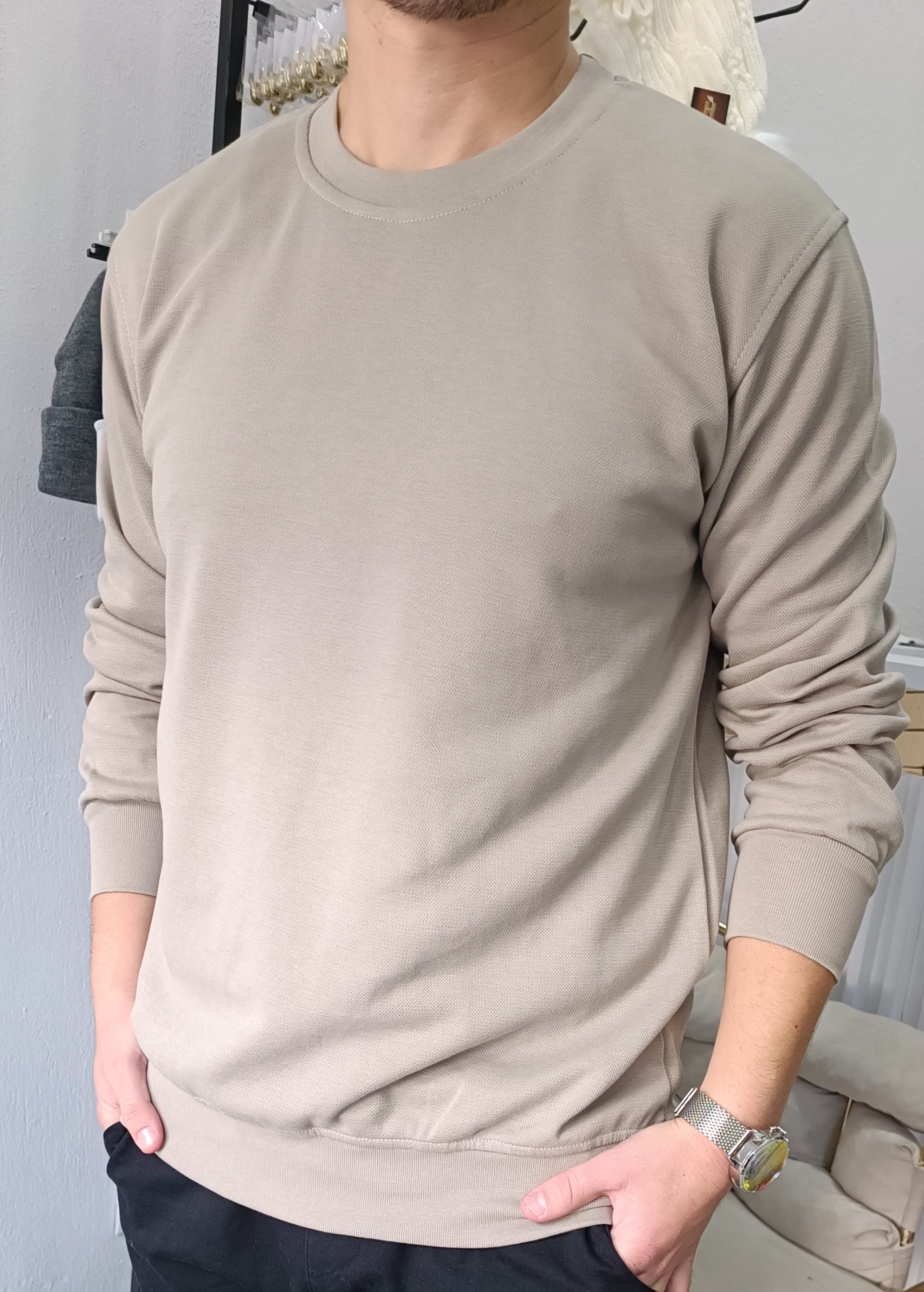 Erkek Basic Sweatshirt Taş Rengi